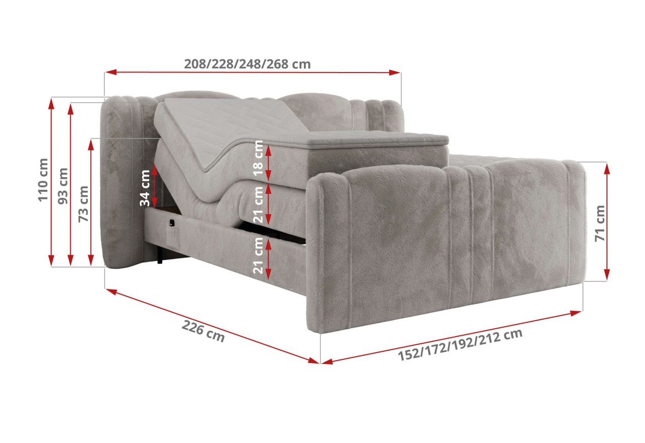 Łóżko kontynentalne, elektrycznie sterowane z pilota - FORTINA 140x200 - H4 - jasnoszary, plusz