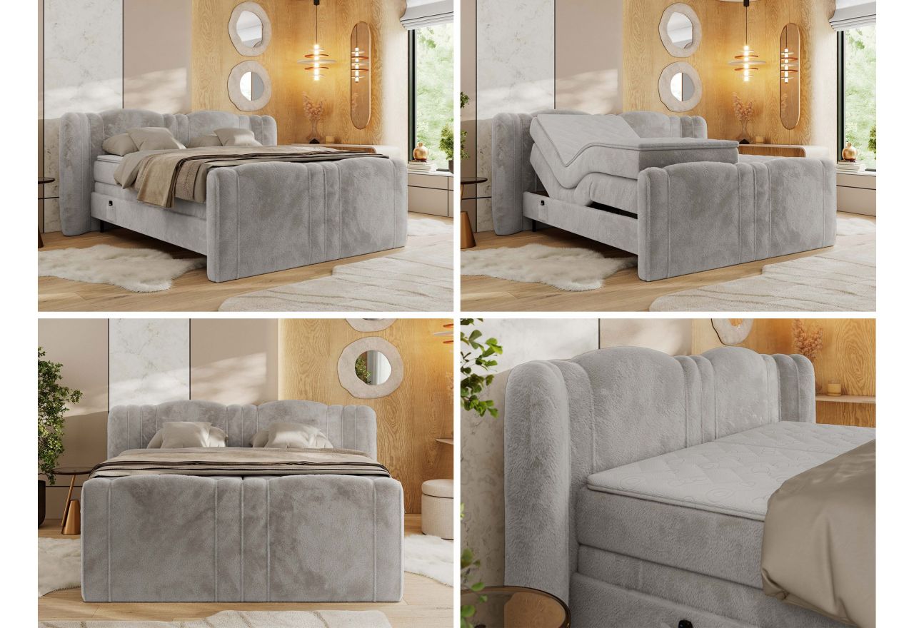 Łóżko kontynentalne, elektrycznie sterowane z pilota - FORTINA 140x200 - H4 - jasnoszary, plusz