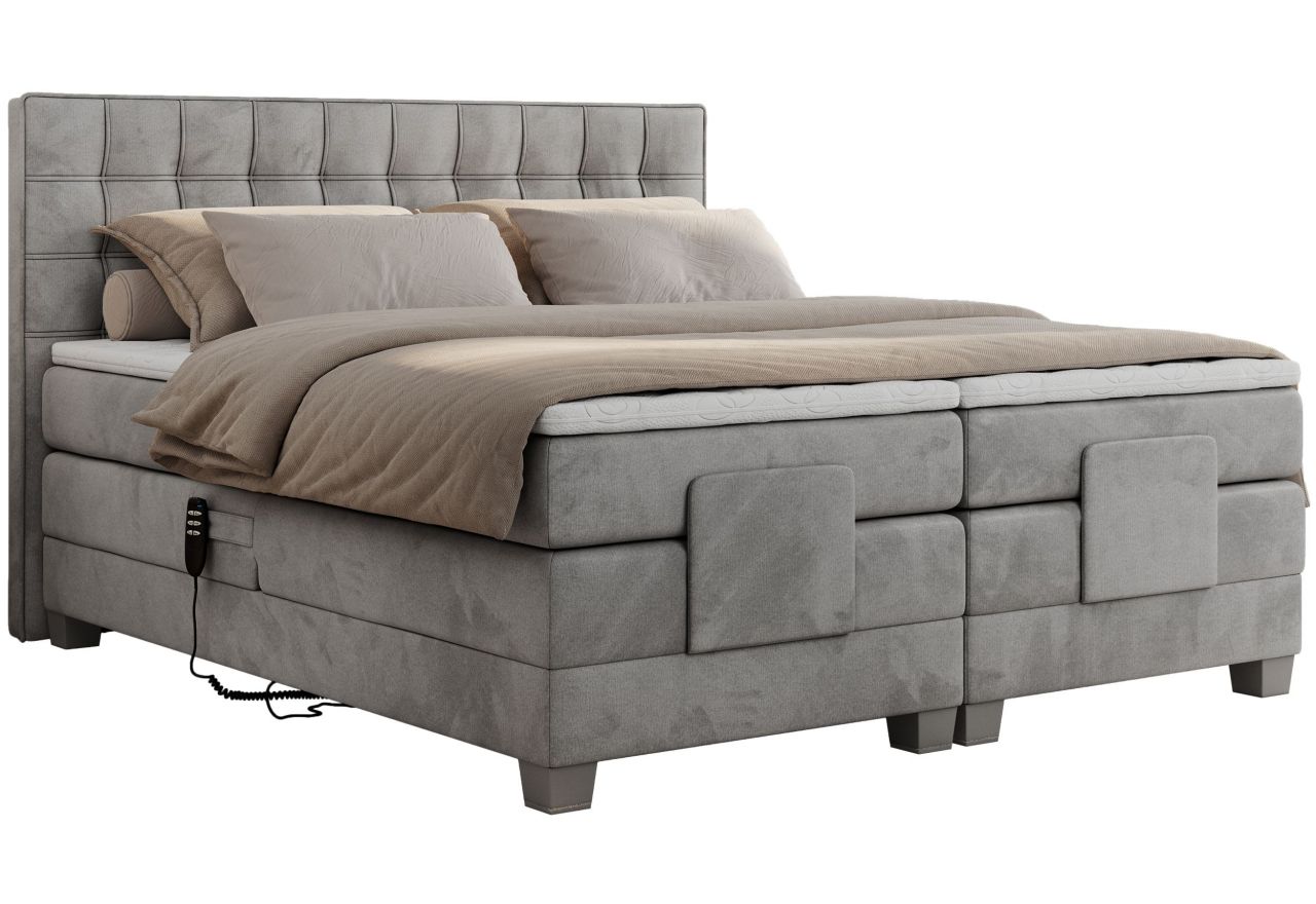Łóżko kontynentalne, elektrycznie sterowane z pilota - ELECTRO 200x200 - H4 - jasnoszary, welwet