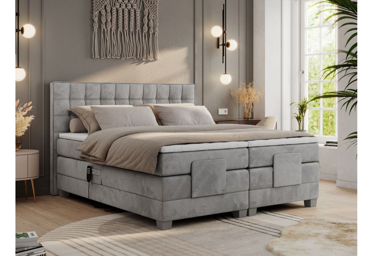 Łóżko kontynentalne, elektrycznie sterowane z pilota - ELECTRO 180x200 - H4 - jasnoszary, welwet