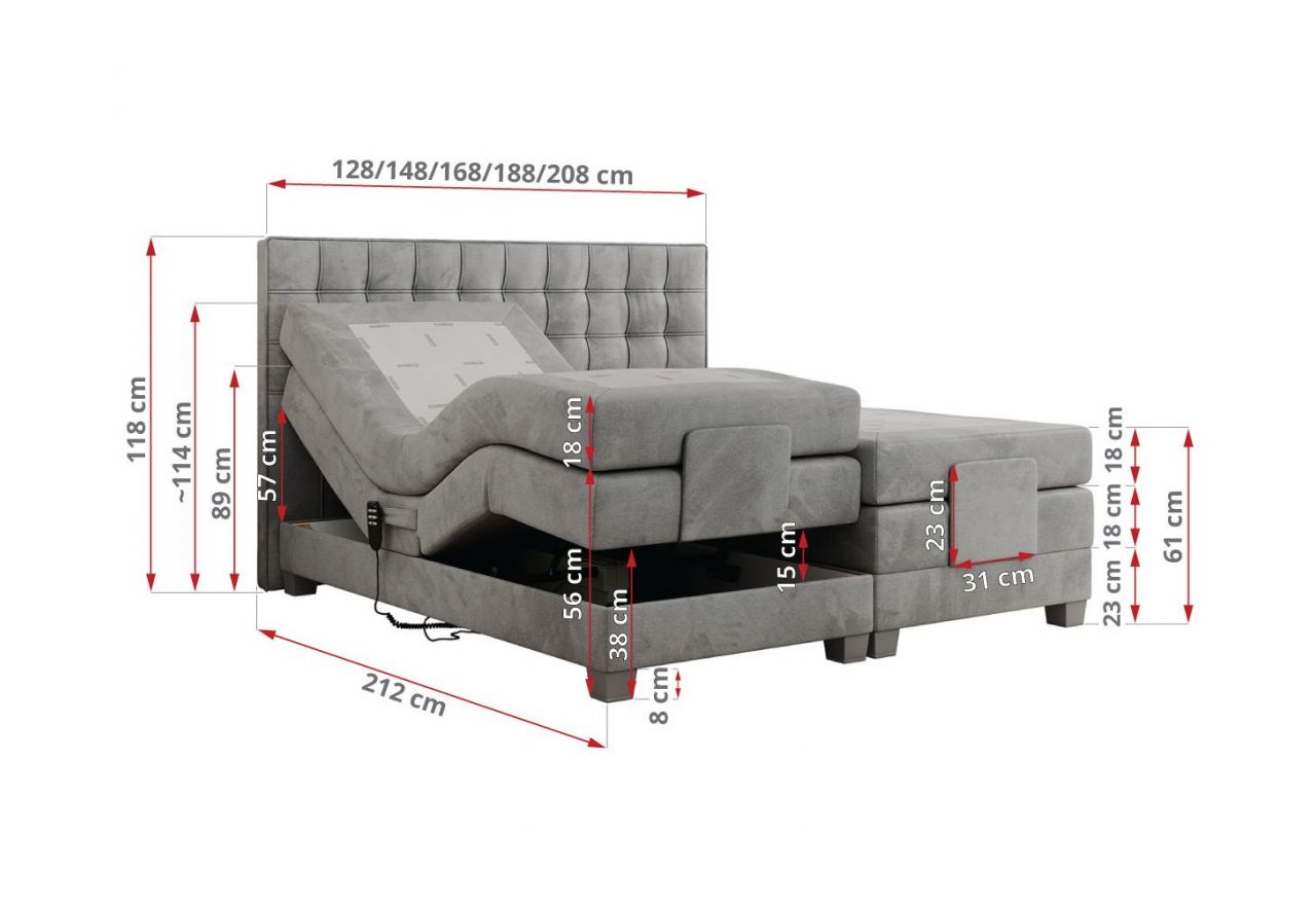 Łóżko kontynentalne, elektrycznie sterowane z pilota - ELECTRO 180x200 - H4 - jasnoszary, welwet