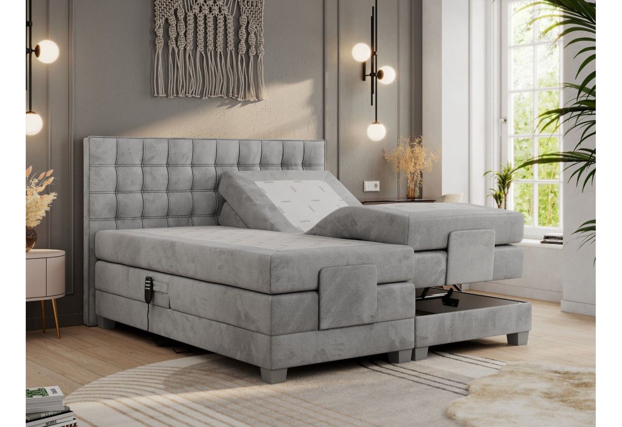 Łóżko kontynentalne, elektrycznie sterowane z pilota - ELECTRO 160x200 - H4 - jasnoszary, welwet