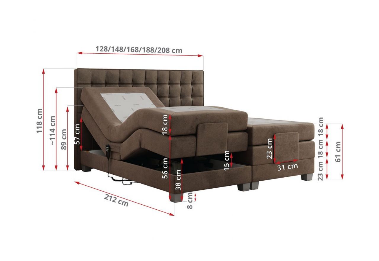 Łóżko kontynentalne, elektrycznie sterowane z pilota - ELECTRO 180x200 - H3 - brązowy, welwet