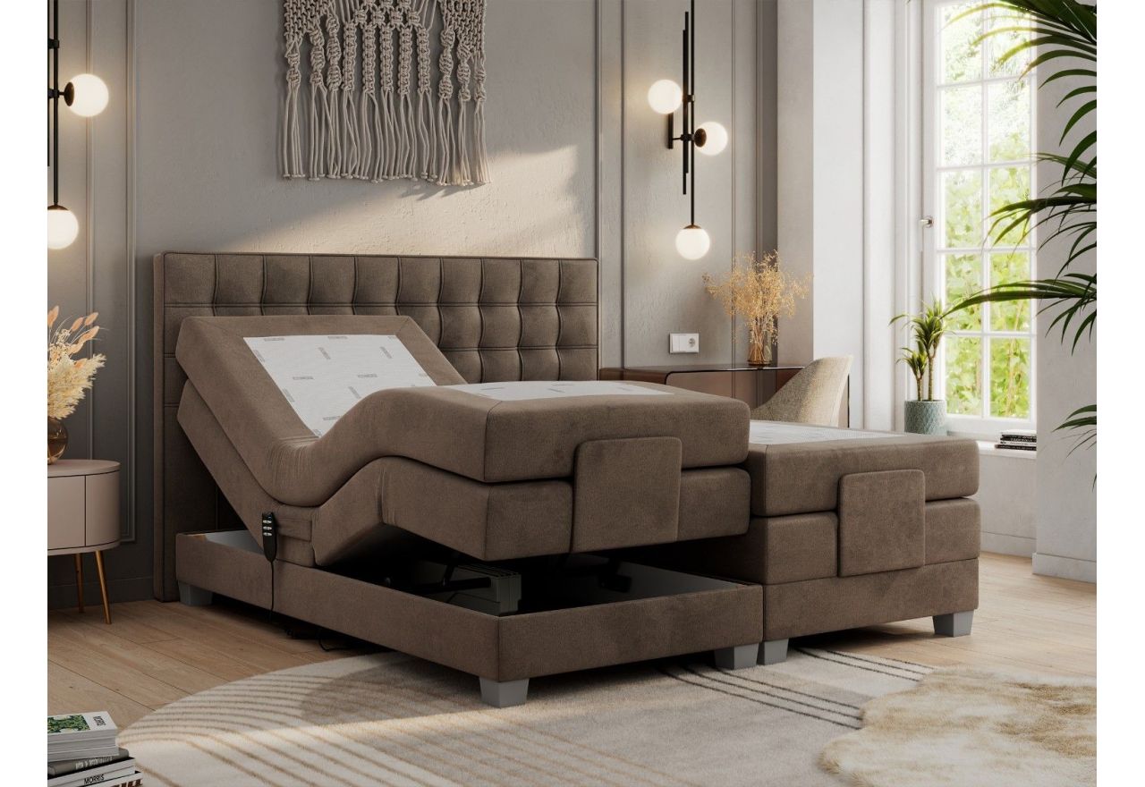 Łóżko kontynentalne, elektrycznie sterowane z pilota - ELECTRO 180x200 - H3 - brązowy, welwet