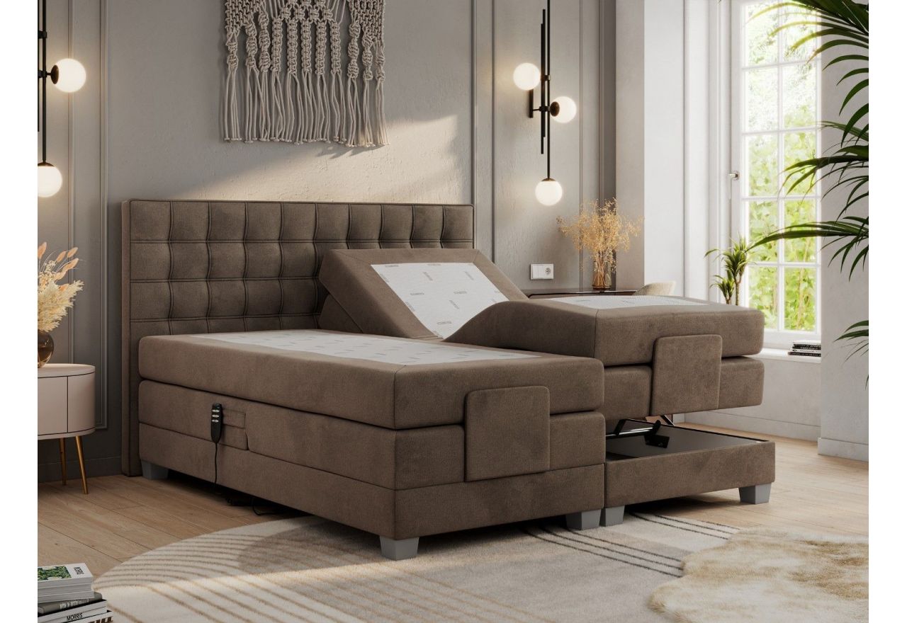 Łóżko kontynentalne, elektrycznie sterowane z pilota - ELECTRO 180x200 - H3 - brązowy, welwet