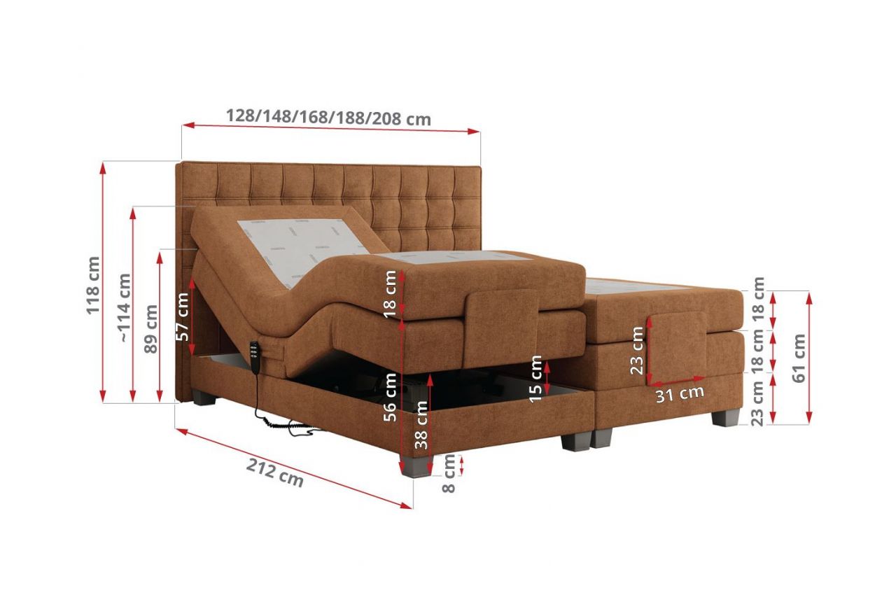 Łóżko kontynentalne, elektrycznie sterowane z pilota - ELECTRO 180x200 - H4 - pomarańczowy, struktura