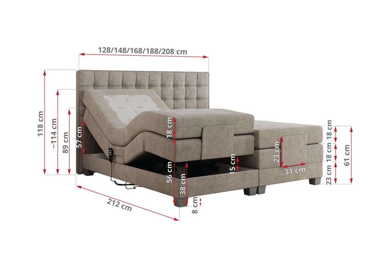 Łóżko kontynentalne, elektrycznie sterowane z pilota - ELECTRO 180x200 - H3 - beżowy, struktura