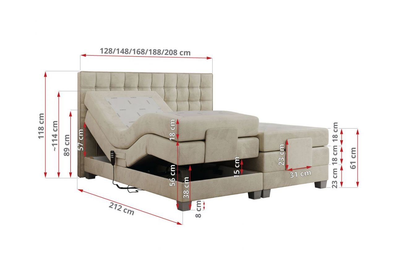 Łóżko kontynentalne, elektrycznie sterowane z pilota - ELECTRO 180x200 - H3 - beżowy, welwet