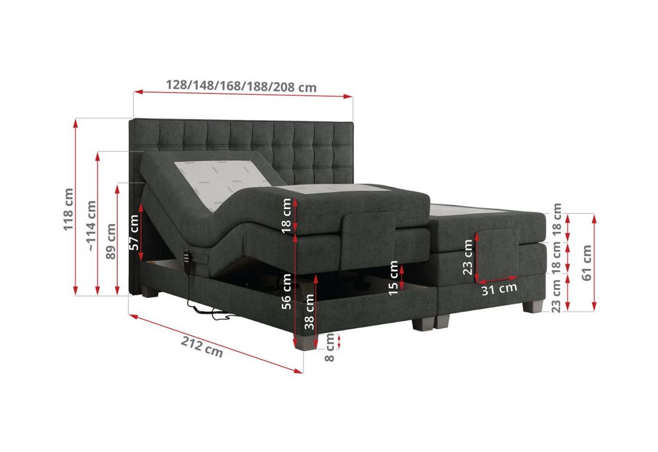 Łóżko kontynentalne, elektrycznie sterowane z pilota - ELECTRO 180x200 - H3 - ciemnoszary, struktura