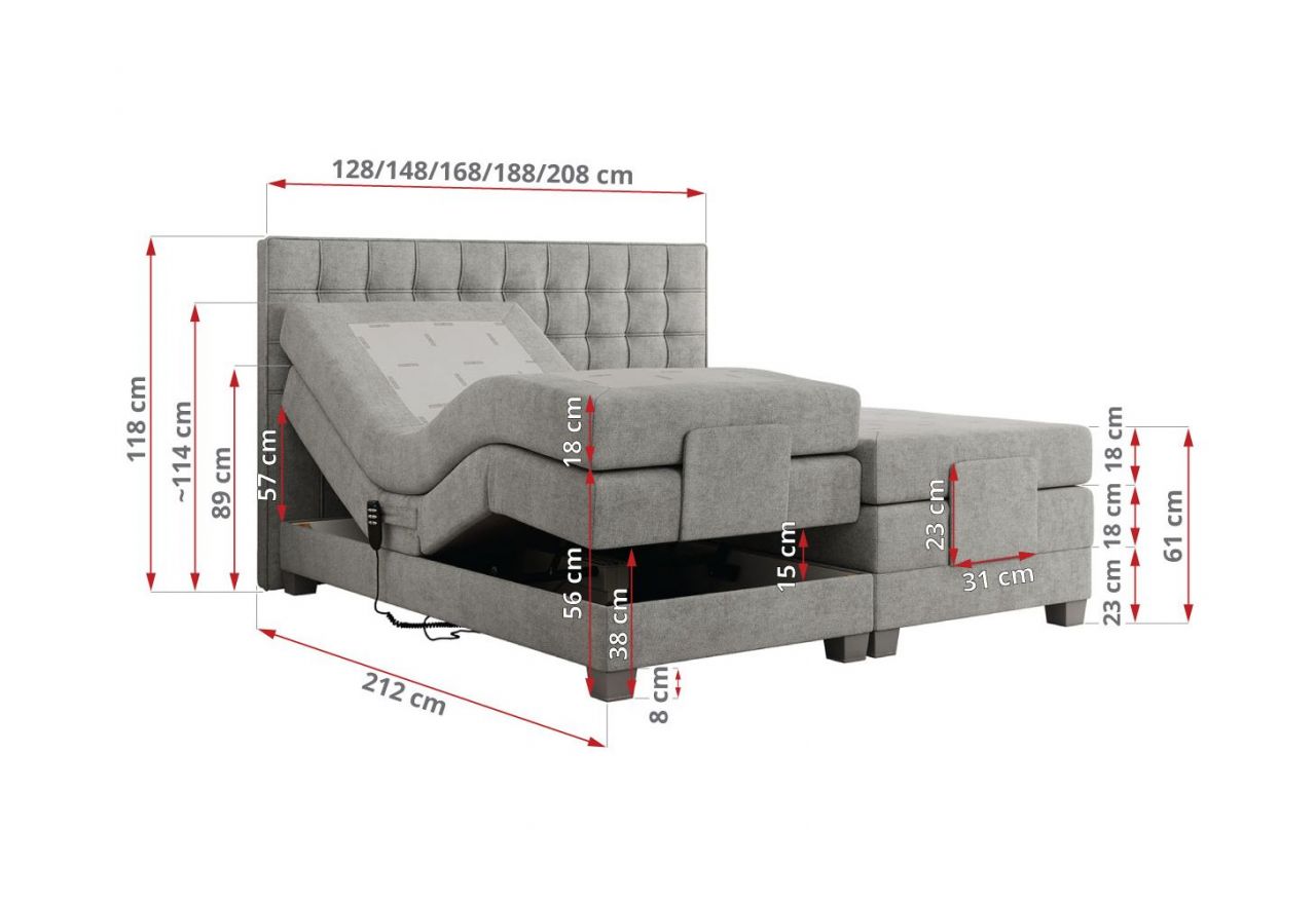 Łóżko kontynentalne, elektrycznie sterowane z pilota - ELECTRO 140x200 - H3 - jasnoszary, struktura