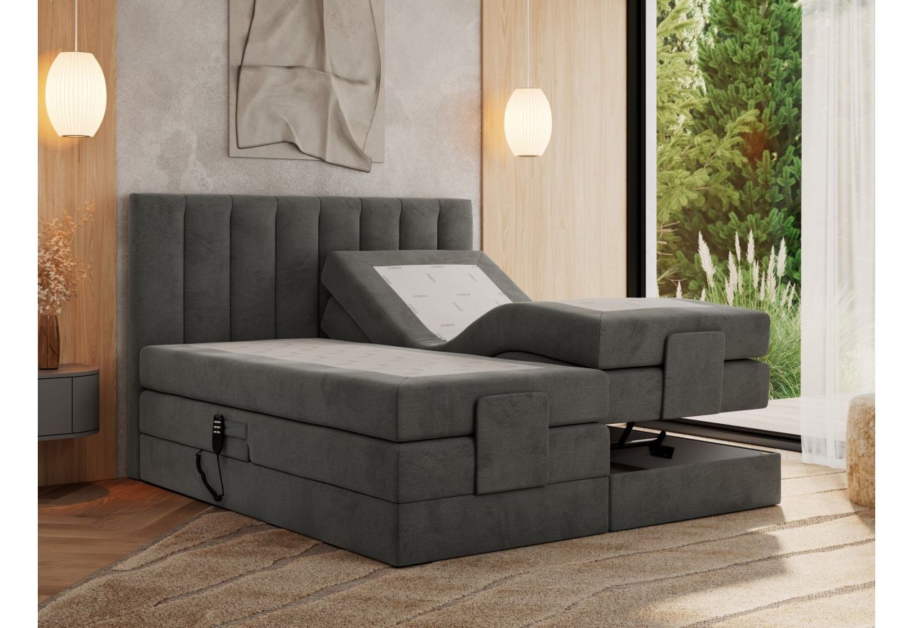 Łóżko kontynentalne, sterowane elektrycznie - COMFORTO 160x200 - H4 - ciemnoszary, welwet