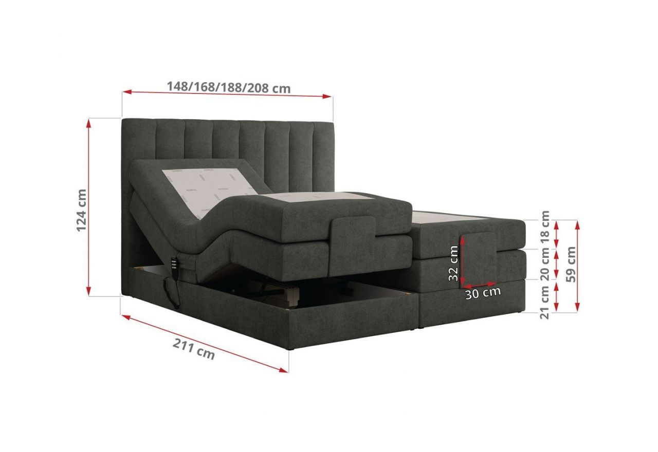 Łóżko kontynentalne, sterowane elektrycznie - COMFORTO 140x200 - H4 - ciemnoszary, welwet