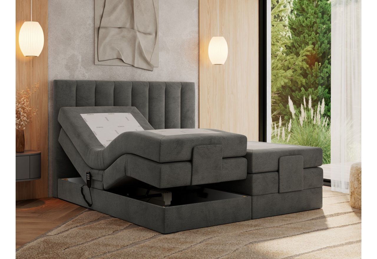 Łóżko kontynentalne, sterowane elektrycznie - COMFORTO 140x200 - H4 - ciemnoszary, welwet