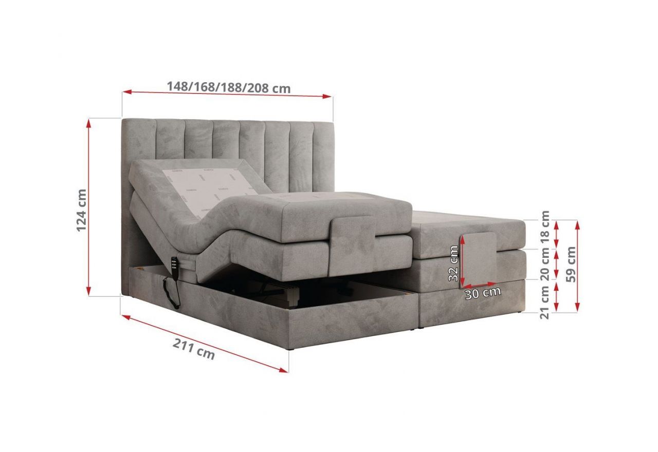 Łóżko kontynentalne, sterowane elektrycznie - COMFORTO 180x200 - H4 - jasnoszary, welwet