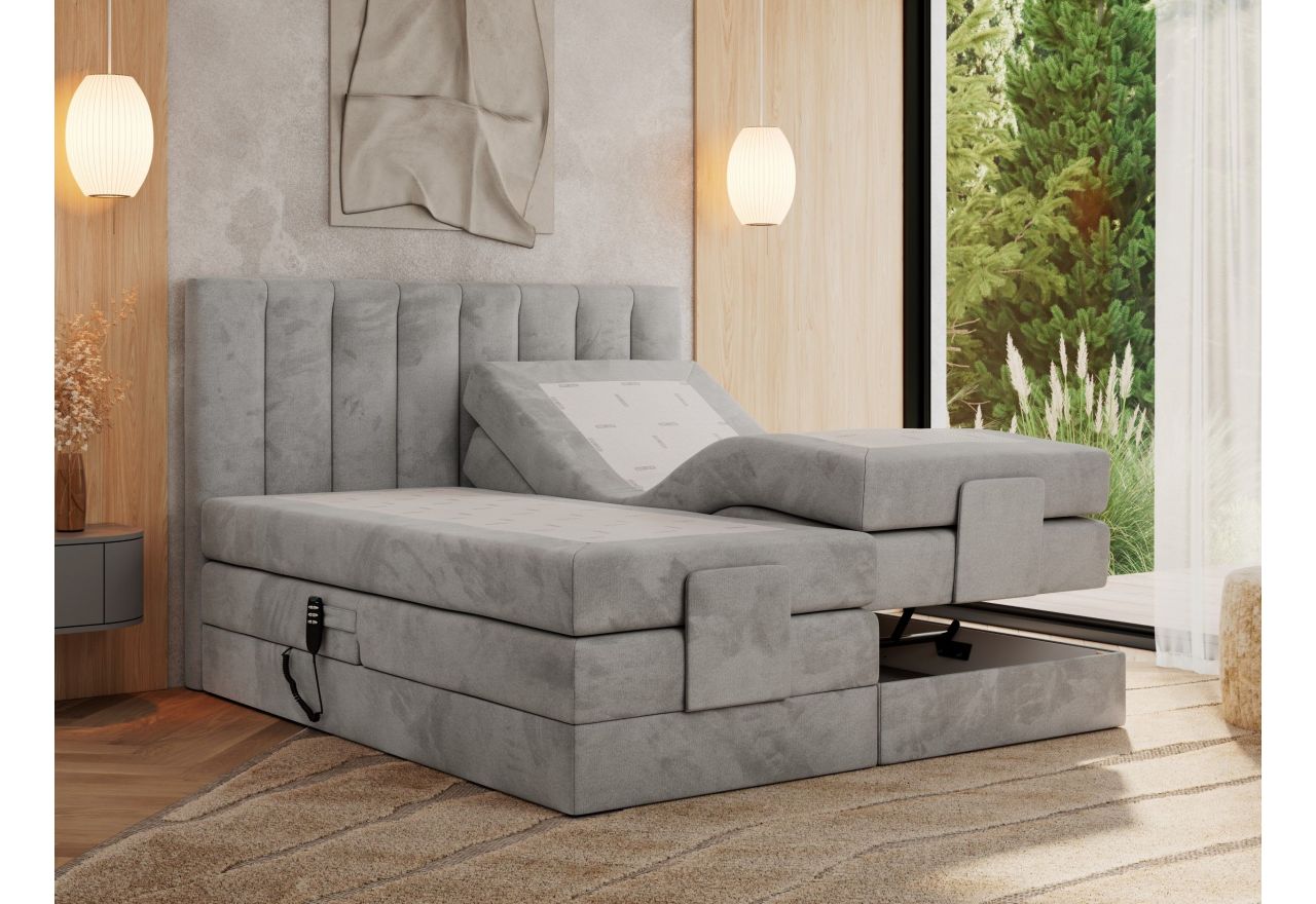 Łóżko kontynentalne, sterowane elektrycznie - COMFORTO 180x200 - H4 - jasnoszary, welwet