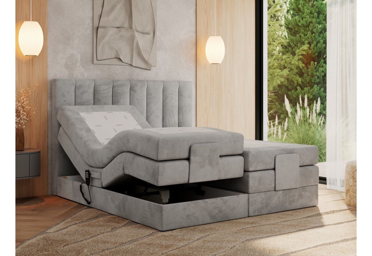 Łóżko kontynentalne, sterowane elektrycznie - COMFORTO 160x200 - H4 - jasnoszary, welwet