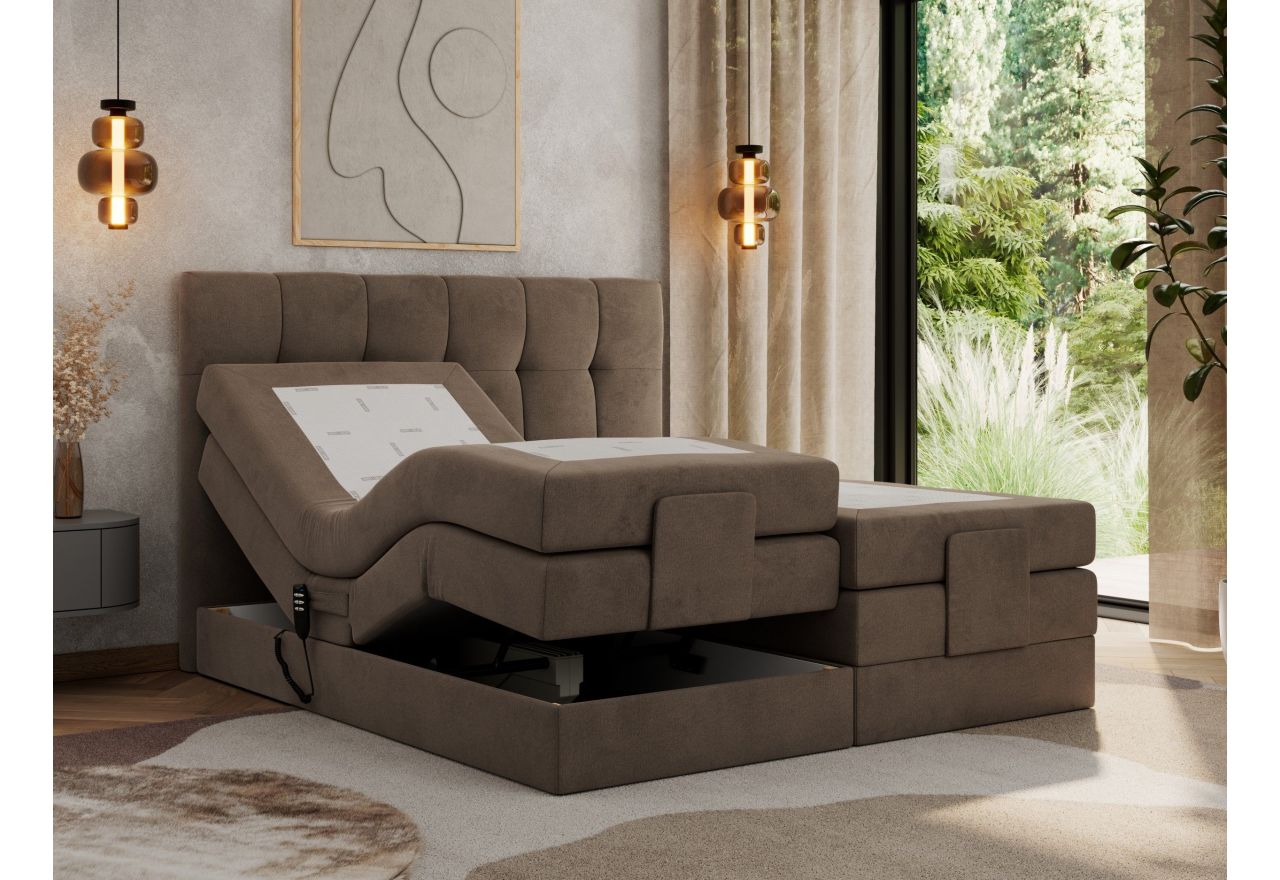 Łóżko kontynentalne VITTORIA 160x200 - H4 - brązowy, welwet - regulacja elektryczna