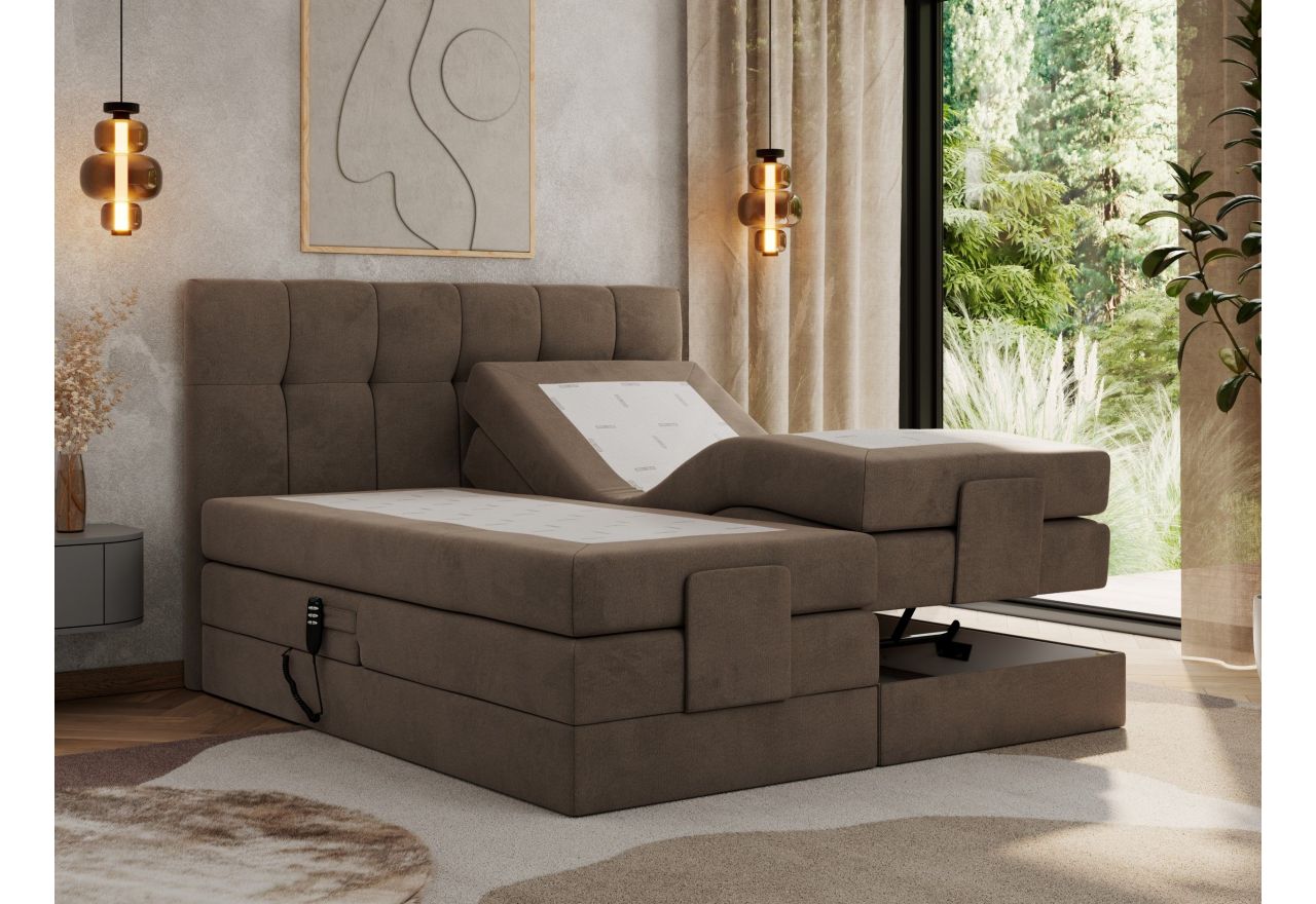 Łóżko kontynentalne VITTORIA 140x200 - H3 - brązowy, welwet - regulacja elektryczna