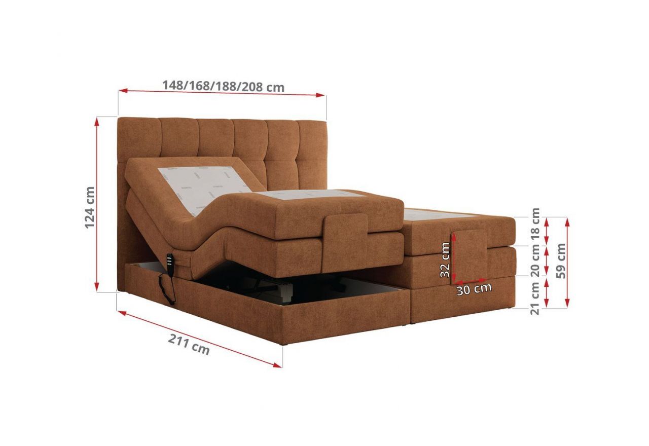 Łóżko kontynentalne VITTORIA 200x200 - H4 - pomarańczowy, struktura - regulacja elektryczna