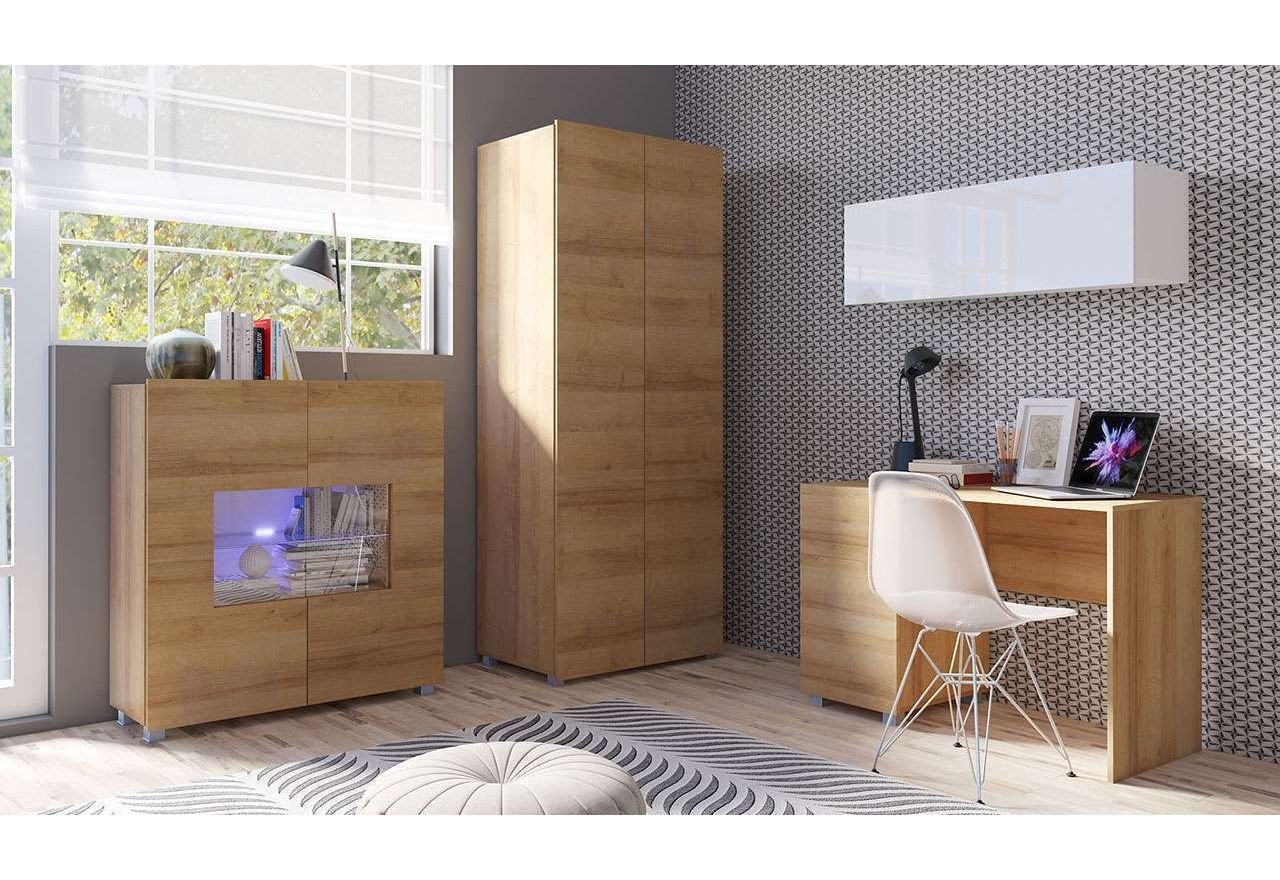 Stylowy komplet, zestaw mebli do pokoju młodzieżowego z biurkiem, szafą i witryną z opcją LED - CONTROL