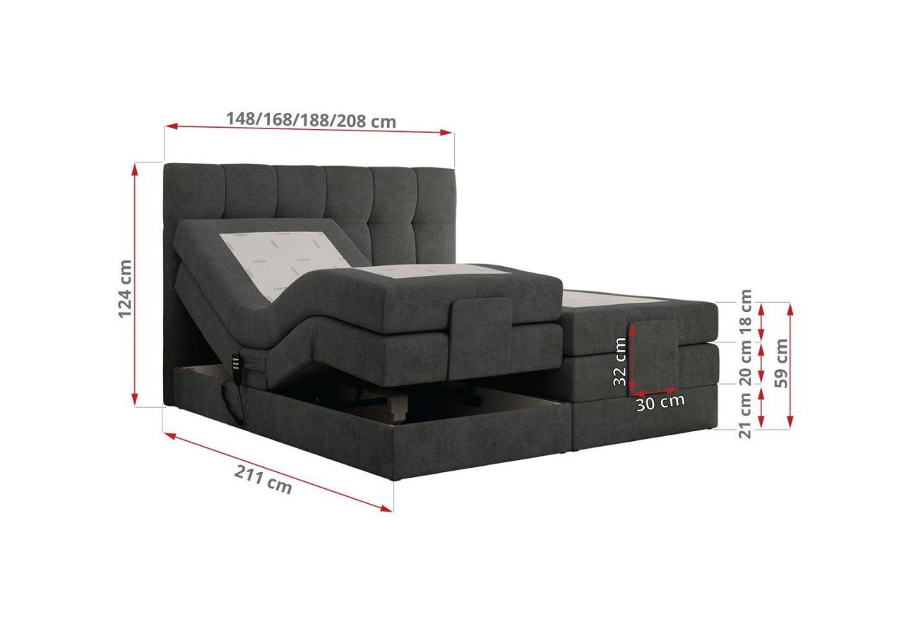 Łóżko kontynentalne VITTORIA 140x200 - H3 - ciemnoszary, struktura - regulacja elektryczna
