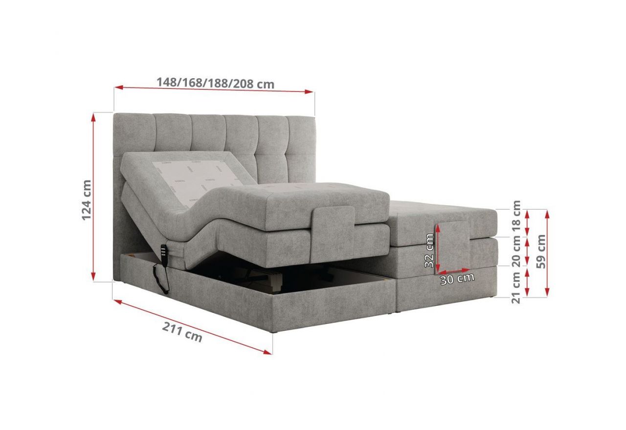 Łóżko kontynentalne VITTORIA 140x200 - H4 - jasnoszary, struktura - regulacja elektryczna
