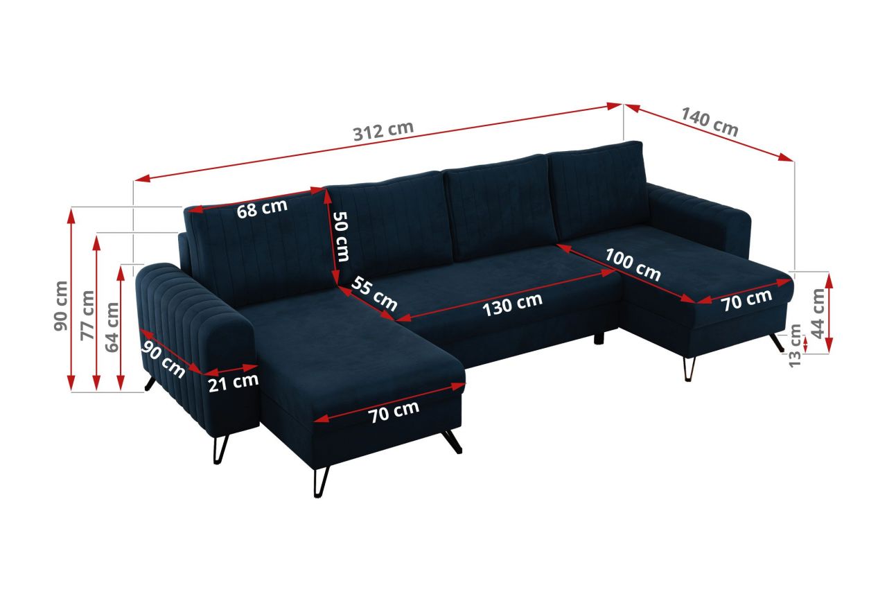 Narożnik AXEL U - uniwersalny - ciemnoniebieski, welwet