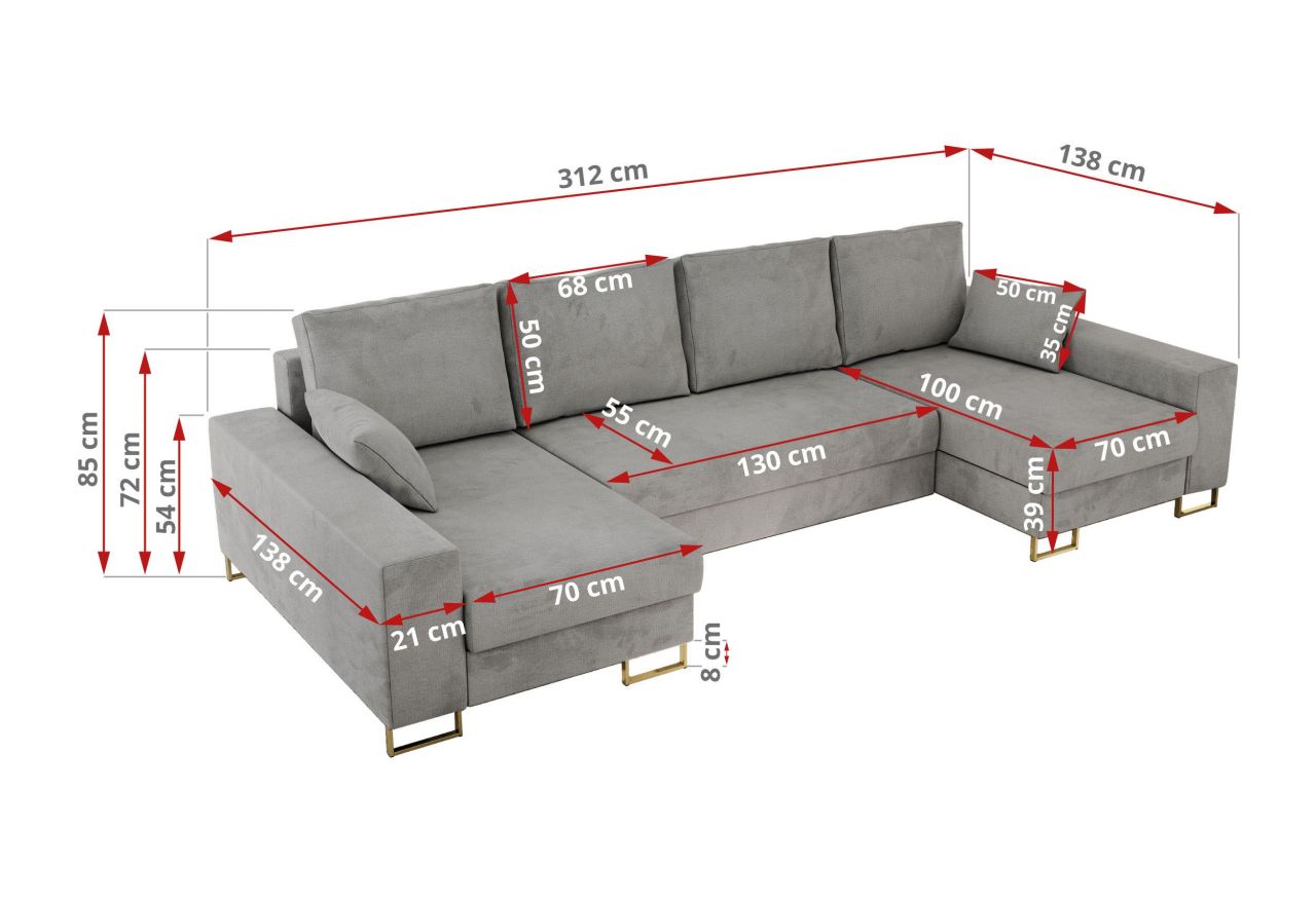 Narożnik DORIAN U - uniwersalny - jasnoszary, welwet