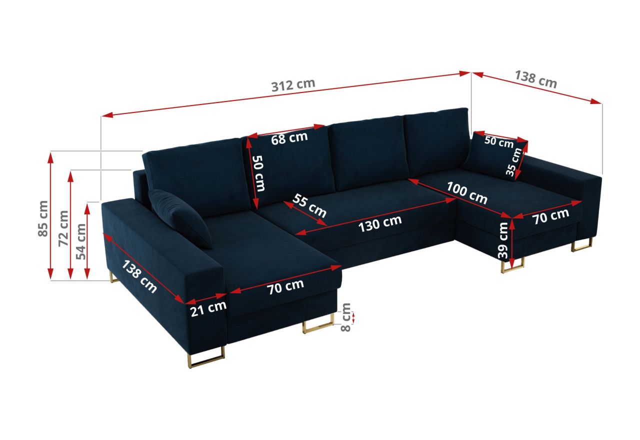 Narożnik DORIAN U - uniwersalny - ciemnoniebieski, welwet
