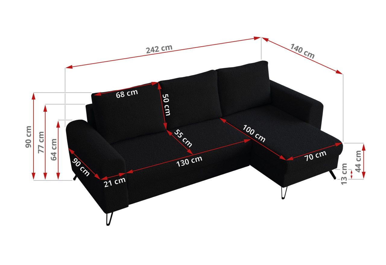 Narożnik HUGO L - uniwersalny - czarny, boucle