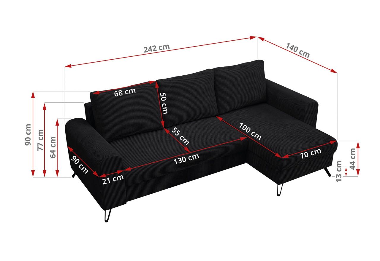 Narożnik HUGO L - uniwersalny - czarny, sztruks