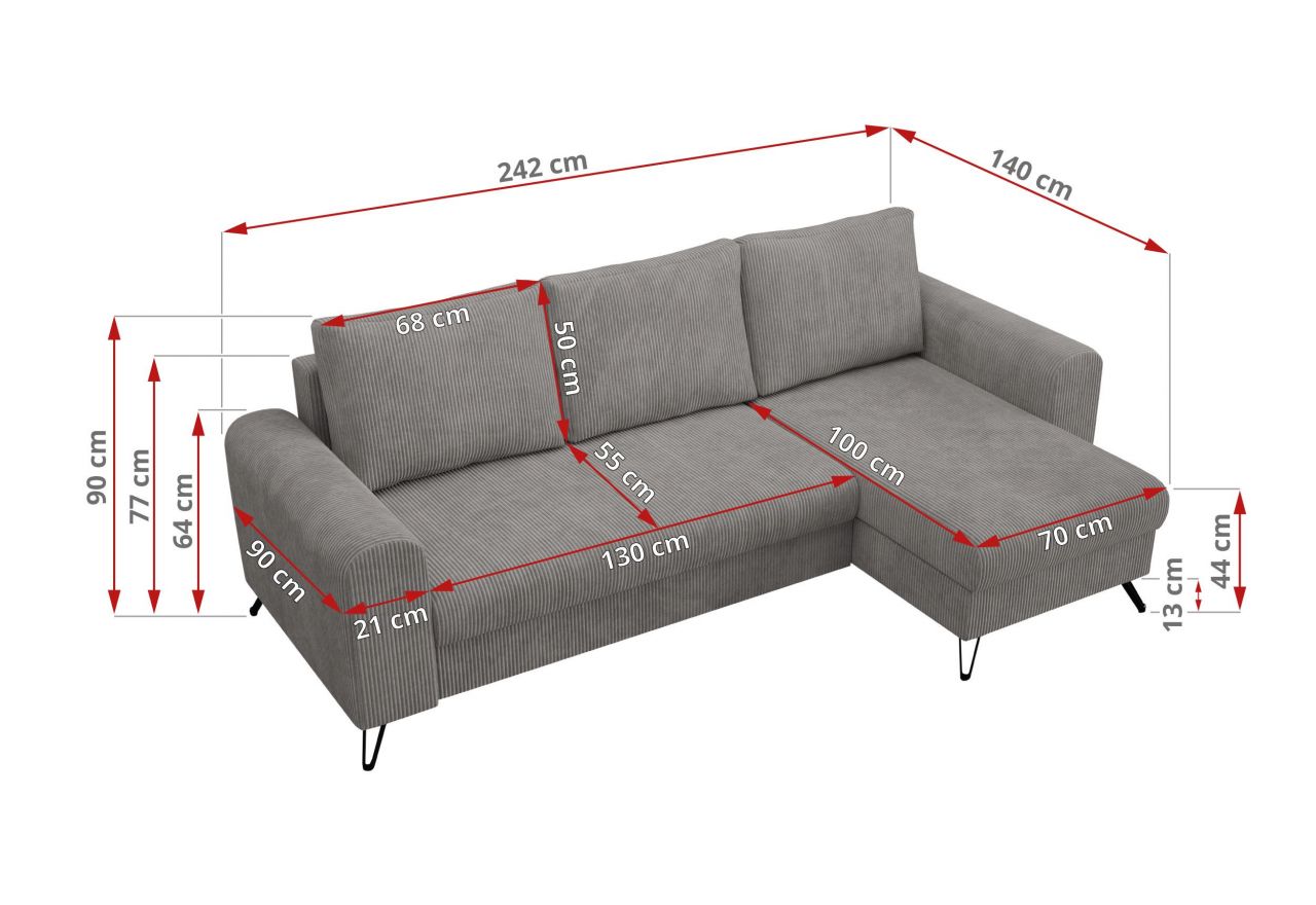 Narożnik HUGO L - uniwersalny - jasnoszary, sztruks