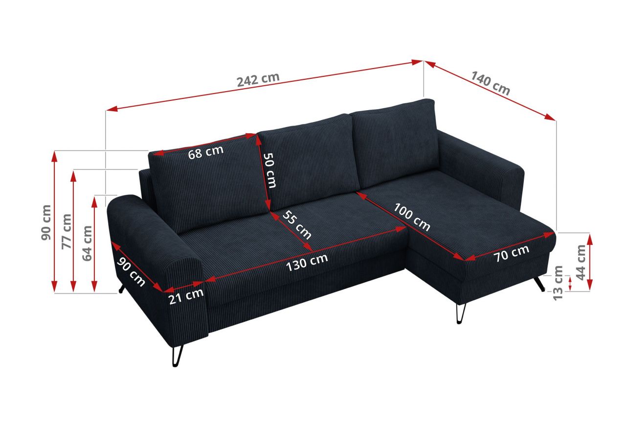 Narożnik HUGO L - uniwersalny - ciemnoniebieski, sztruks