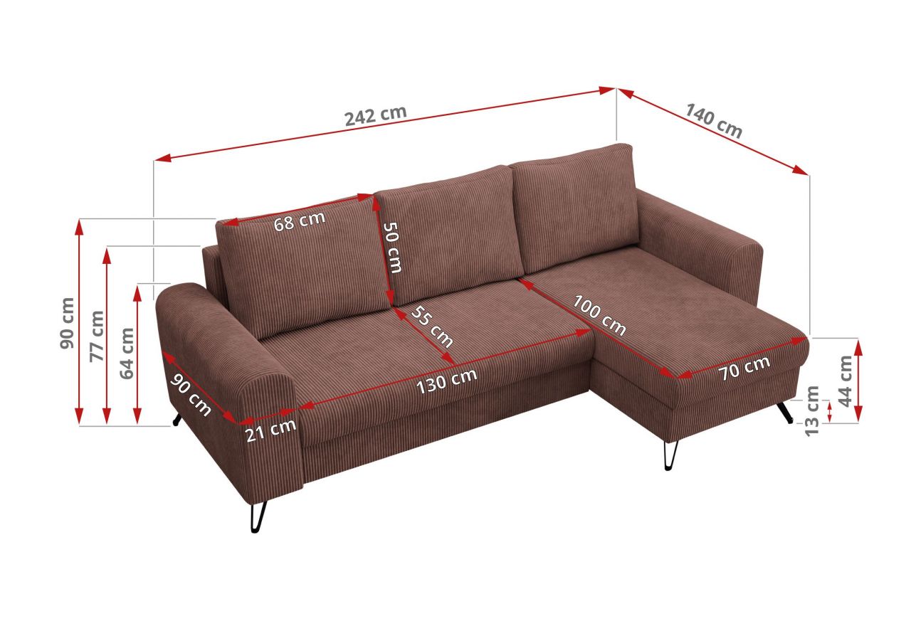 Narożnik HUGO L - uniwersalny - brązowy, sztruks