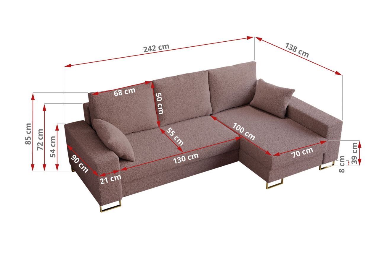 Narożnik DORIAN L - uniwersalny - różowy, boucle