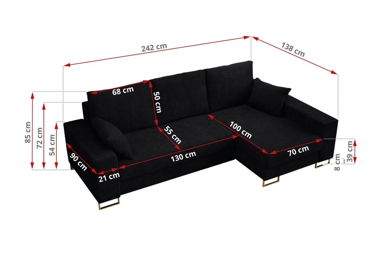 Narożnik DORIAN L - uniwersalny - czarny, sztruks