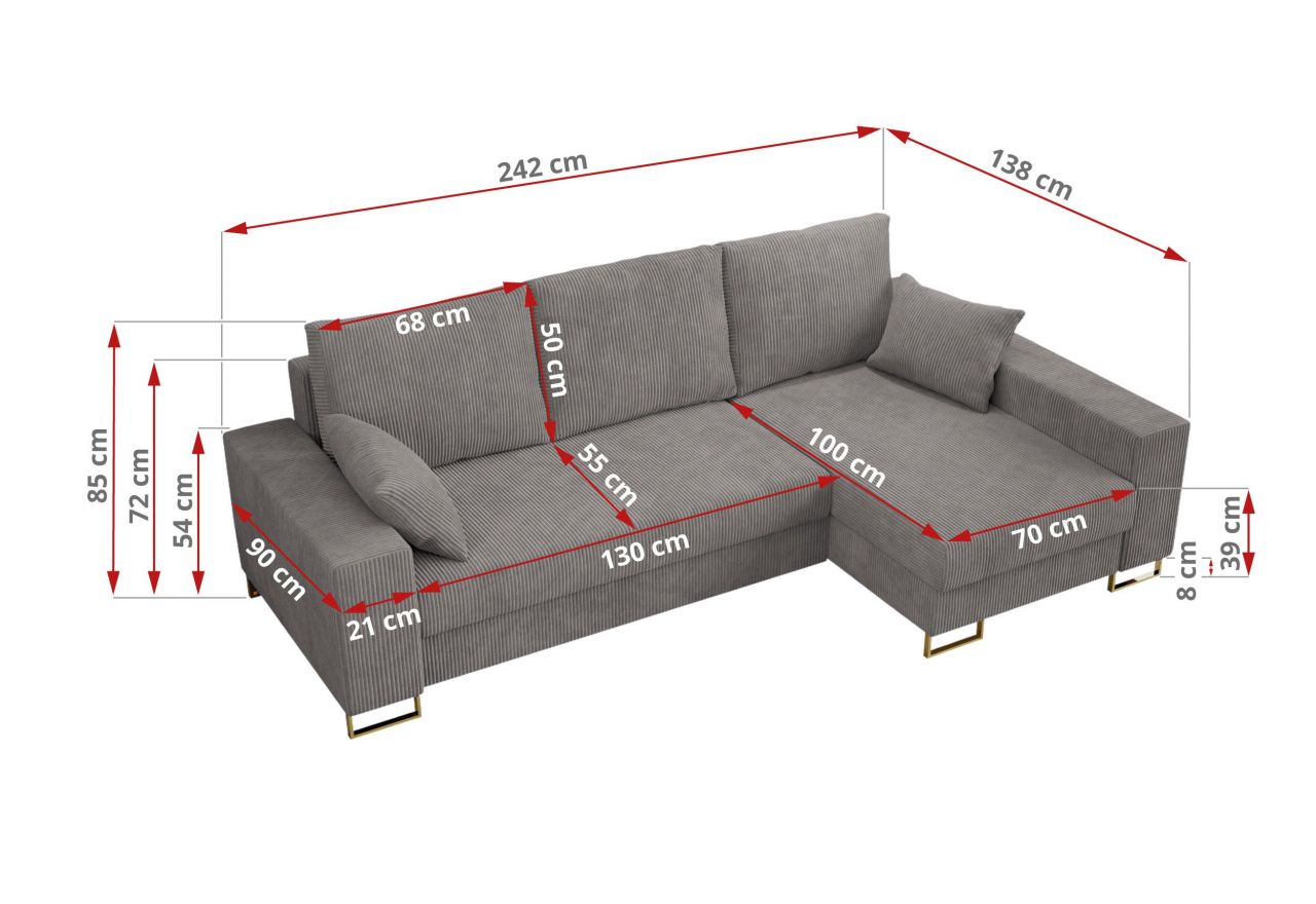 Narożnik DORIAN L - uniwersalny - jasnoszary, sztruks