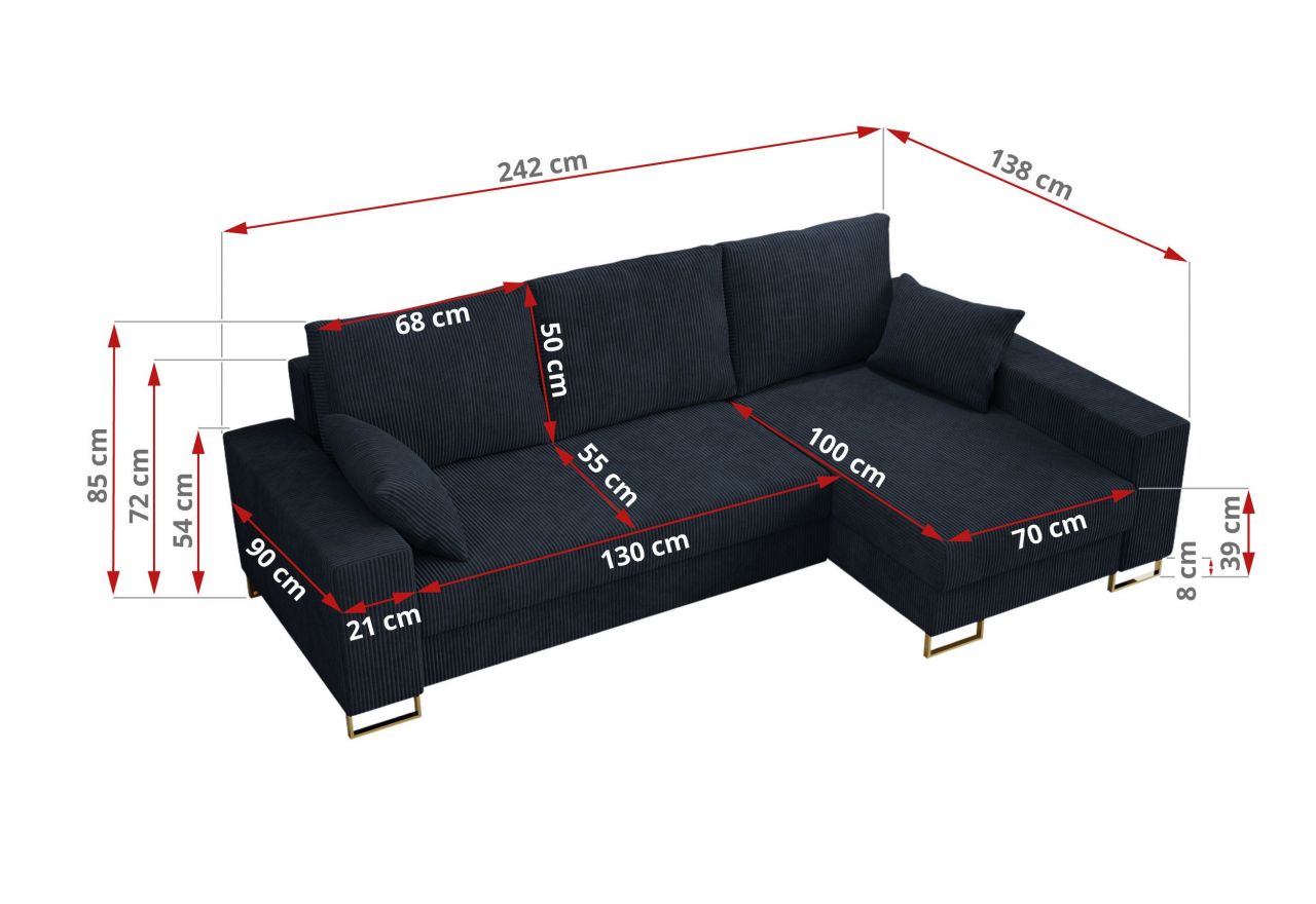 Narożnik DORIAN L - uniwersalny - ciemnoniebieski, sztruks