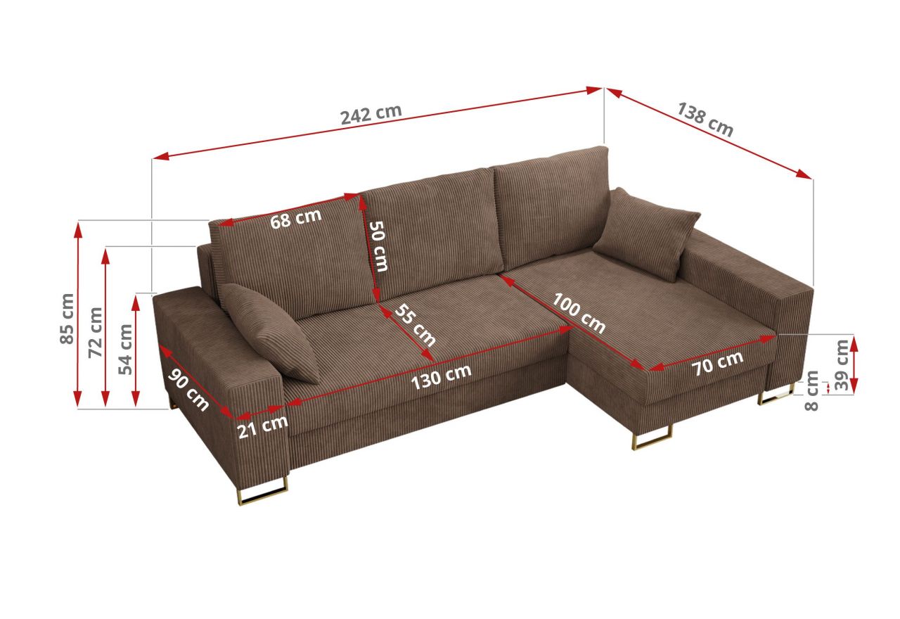 Narożnik DORIAN L - uniwersalny - jasnobrązowy, sztruks