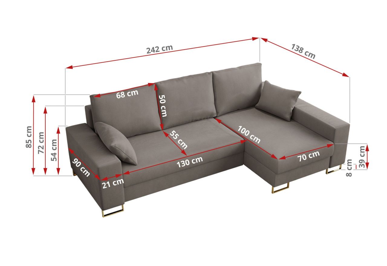 Narożnik DORIAN L - uniwersalny - jasnobrązowy, welwet