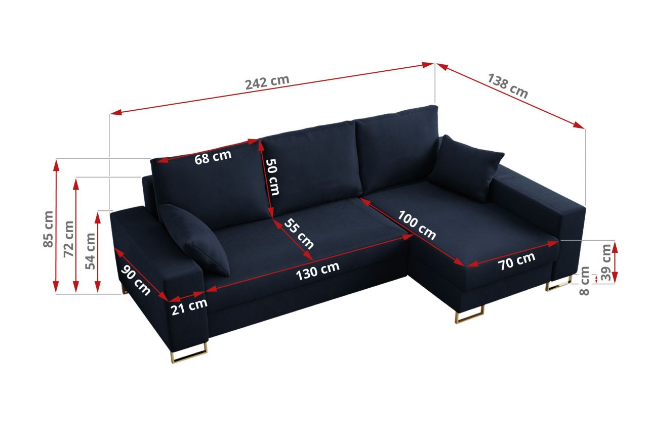 Narożnik DORIAN L - uniwersalny - ciemnoniebieski, welwet