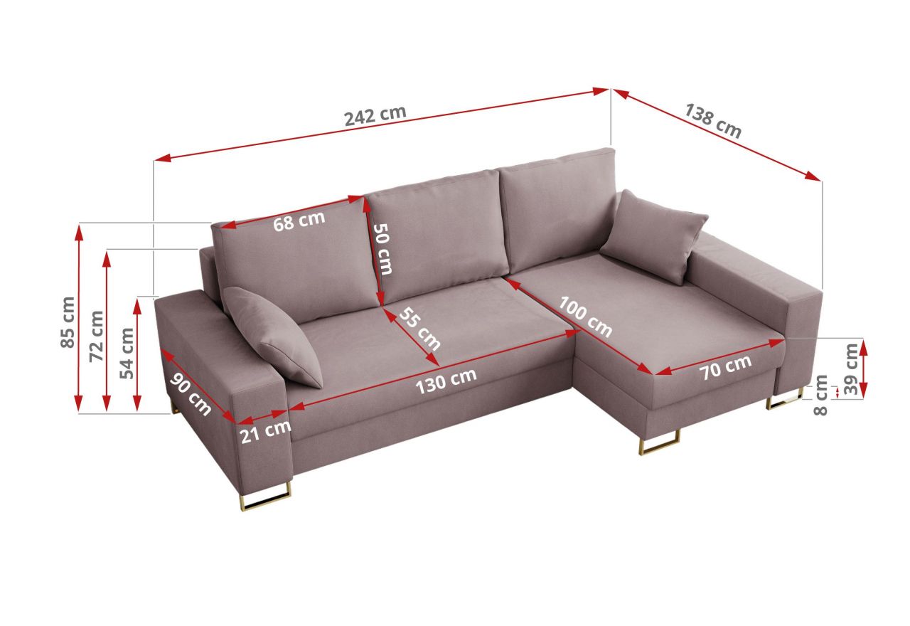 Narożnik DORIAN L - uniwersalny - różowy, welwet