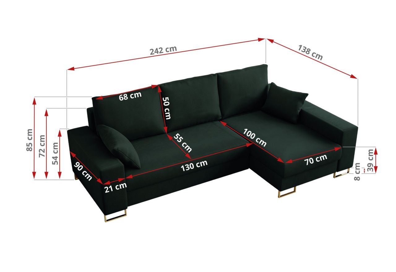 Narożnik DORIAN L - uniwersalny - zielony, welwet