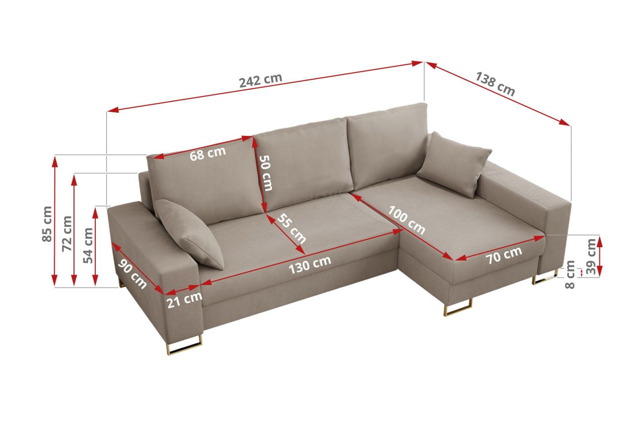 Narożnik DORIAN L - uniwersalny - beżowy, welwet