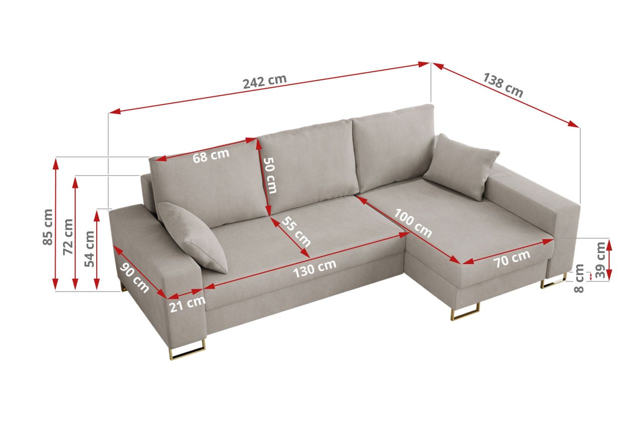 Narożnik DORIAN L - uniwersalny - kremowy, welwet