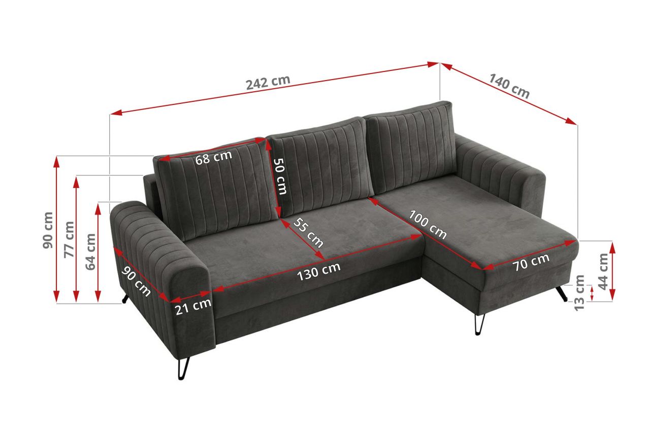 Narożnik AXEL L - uniwersalny - ciemnoszary, welwet