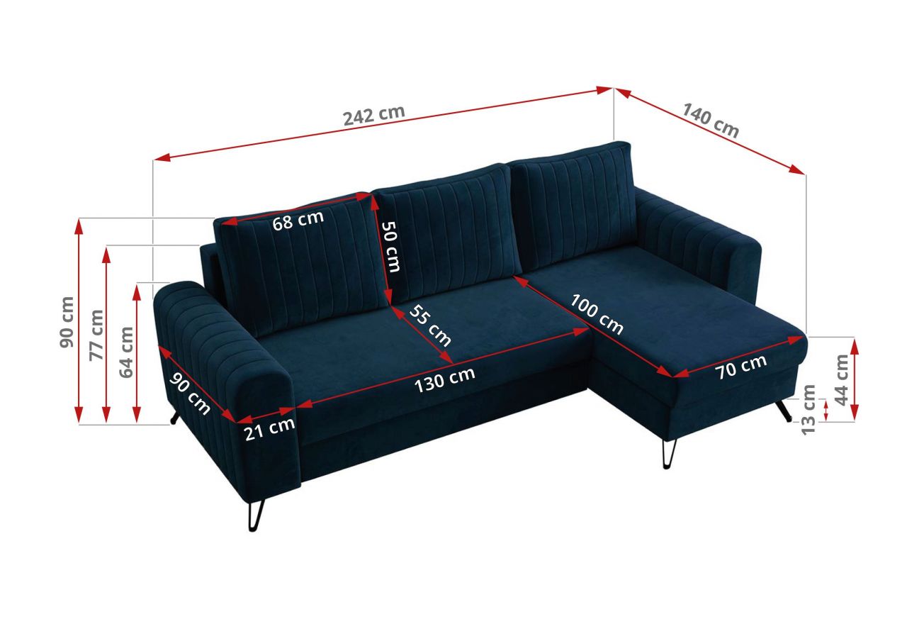 Narożnik AXEL L - uniwersalny - ciemnoniebieski, welwet