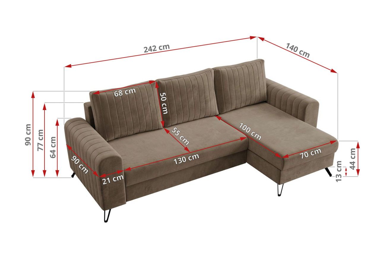 Narożnik AXEL L - uniwersalny - jasnobrązowy, welwet