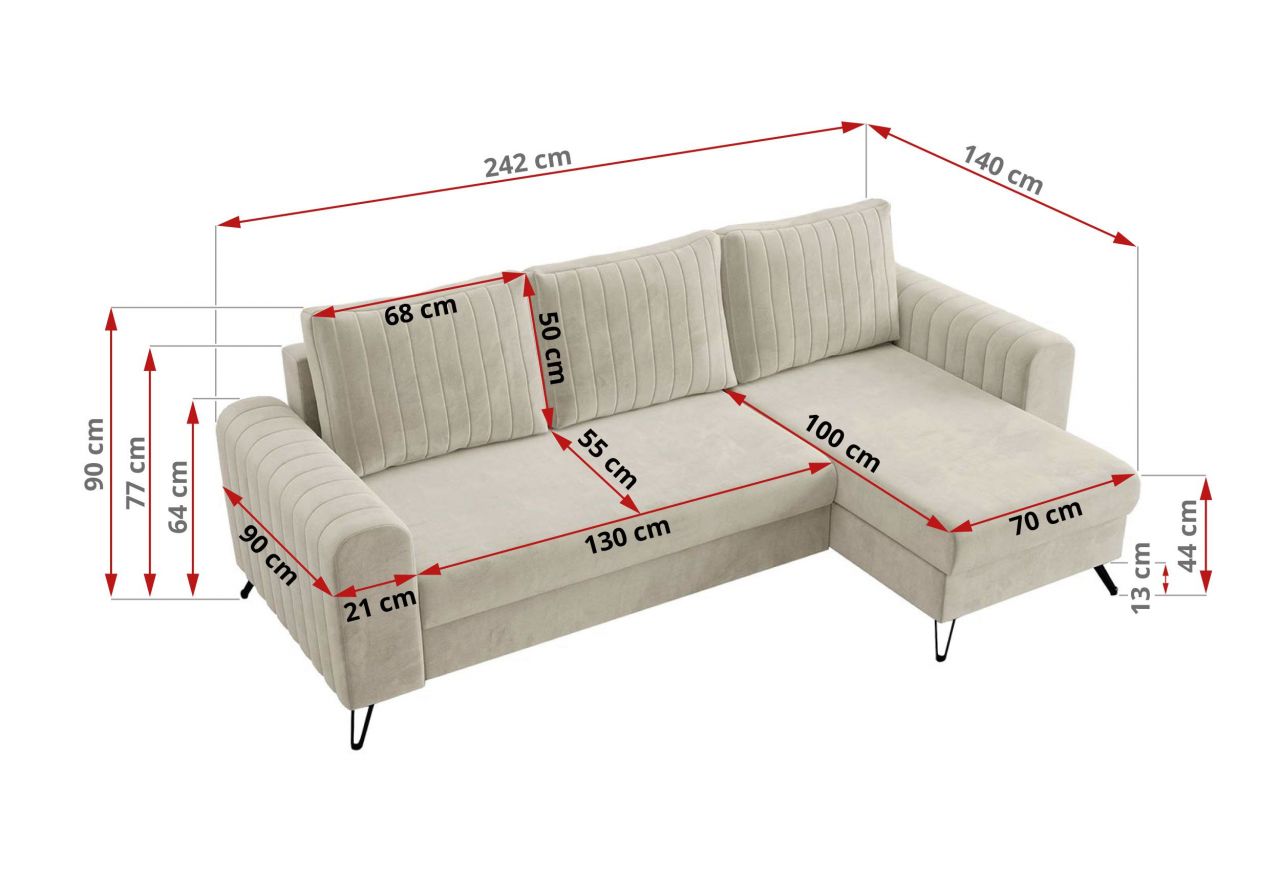 Narożnik AXEL L - uniwersalny - beżowy, welwet