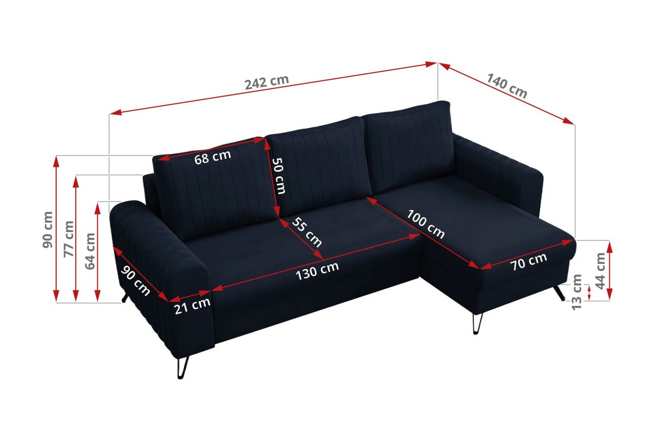 Narożnik AXEL L - uniwersalny - ciemnoniebieski, welwet